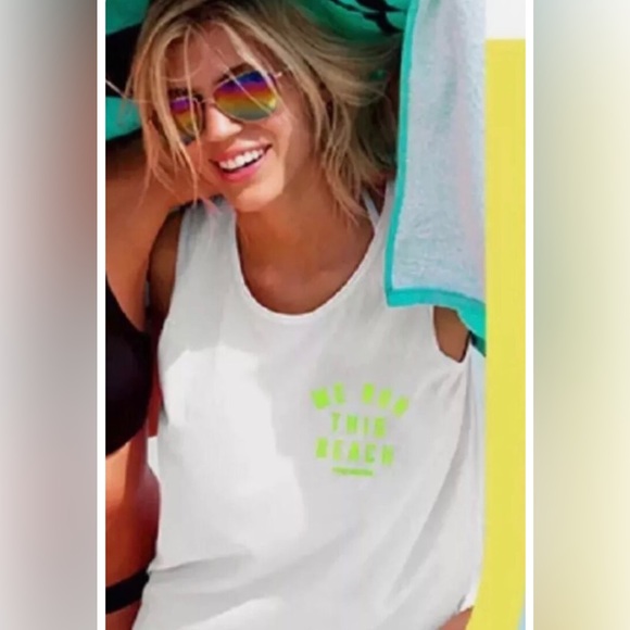 NWT PINK We Run This Beach White Neon Tank Top Sz Small - Picture 1 of 6
